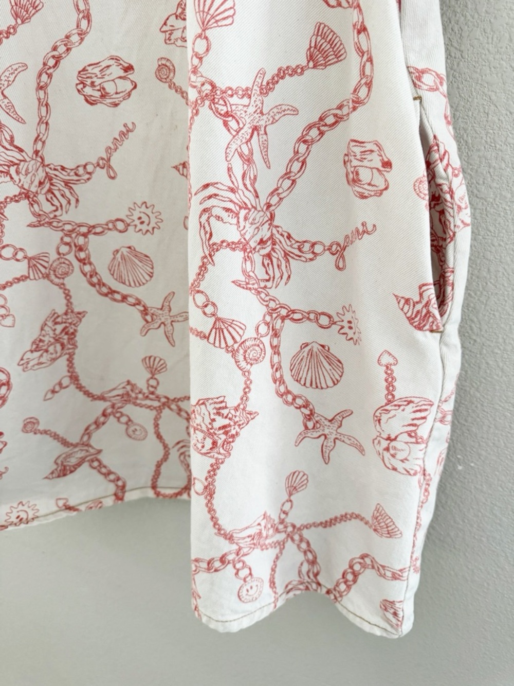 Ganni RARE Lobster Seashell Print Nautical Denim Mini Dress 4 Cream Red Shift - Picture 13 of 16